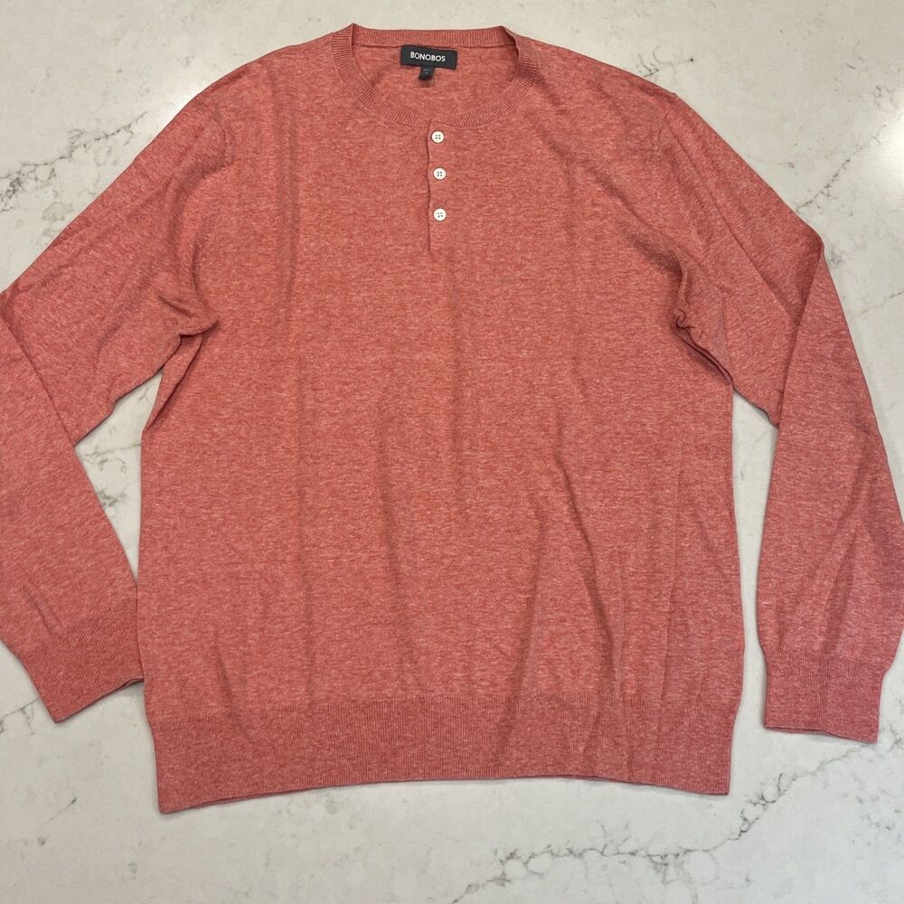 Bonobos Mens L Slim Fit Cotton Linen Blend Henley Sweater Pastel Red Lightweight
